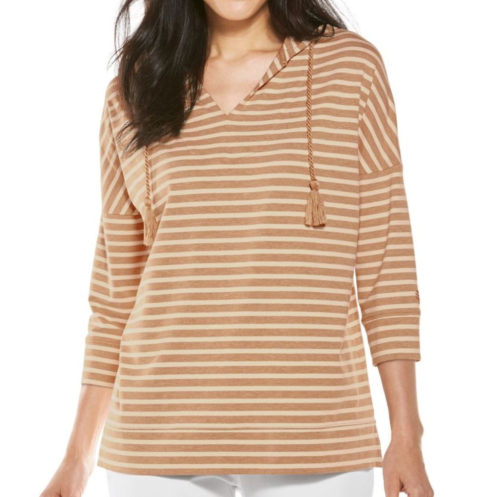 Coolibar Tan and Cream Striped Hooded Pullover